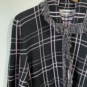 San Remo Laura Knits USA Tweed Knit Jacket XL Black Pink Plaid Fringe Office